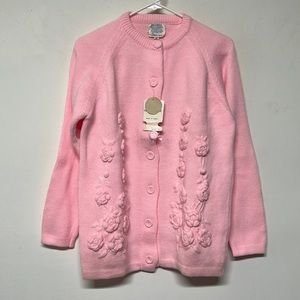 NWT Vintage Sears Pink Rose Embroidered Cardigan Sweater Covered Buttons Ex. Con